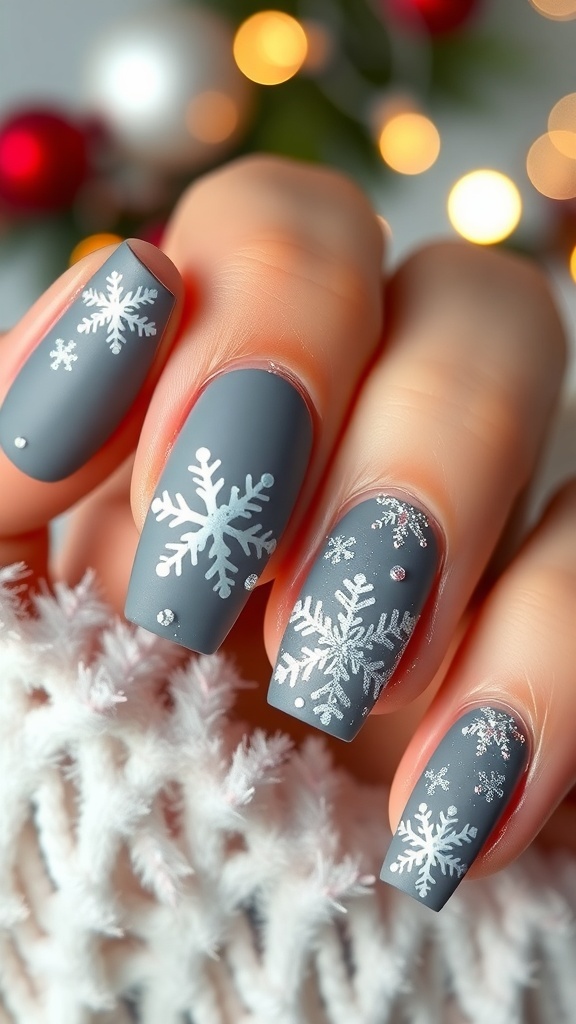 Elegant Gray Christmas Nail Art Elegant gray Christmas nails with snowflake designs and glitter accents.